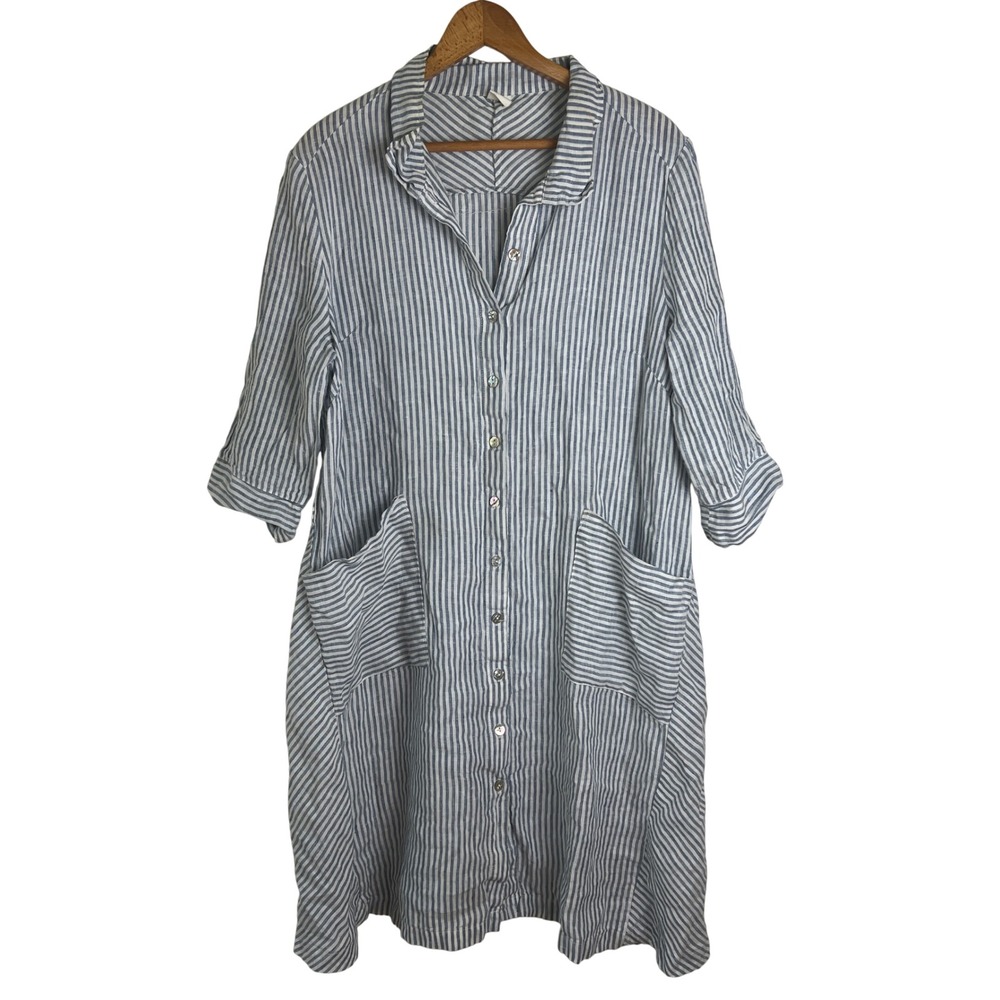 Lintico 100% Linen Shirt Dress Striped Women Pockets Coastal Nautical Midi Large